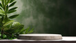 © Studio Zenith - Podium en pierre dans un décor végétal pour la présentation d'un produit sur fond vert.