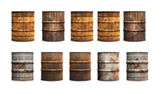 Rusty Old Metal Barrels Isolated On Transparent Background 