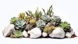 a succulent garden with various types of succulents and rocks on a white background, creating a peaceful and modern aesthetic.