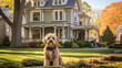 A dog lies in the front yard of a beautiful house