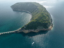 Aerial View Of A Sailboat Moored In Front Of Vivara Island Natural Reserve, Flegree Islands Archipelagos, Naples, Campania, Italy.