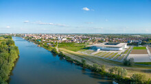 Aerial View Of The Empty Parking Lot At Osijek Stadium Along The Drava River In Osijek, Osijek-Baranja, Croatia.