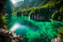 A Breathtaking View Of A Serene, Emerald-green Lake Surrounded By Towering Cliffs And Cascading Waterfalls. --