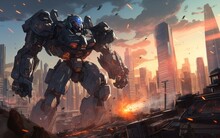 Big Robot Against The Backdrop Of A Futuristic City