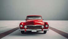 Red Classic Car Facing The Camera, Minimalist, Deadpan, Banal, Cool, Clinical, Urban, Iconic, Conceptual, Subversive, Sparse, Restrained, Symbol