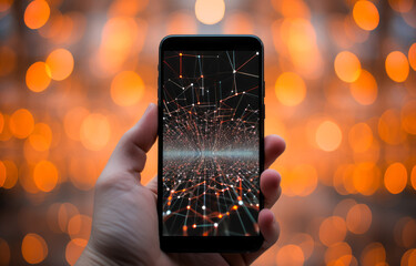 Wall Mural - hand holding smartphone with abstract network connection over bokeh background