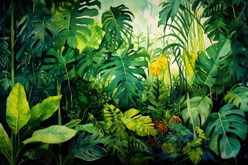 Wall Mural - Image of jungle scene with lots of green plants.