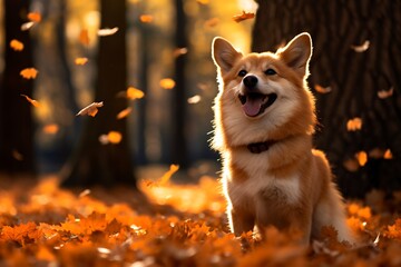 Wall Mural - Dog that is sitting in the leaves with smile on his face.