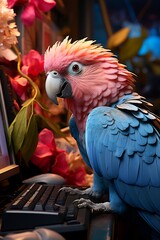 Poster - Blue and pink parrot sitting on top of computer keyboard.