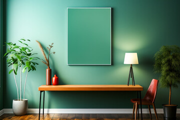 Canvas Print - Green wall with wooden table and lamp next to it.