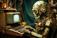 Robot Typing On Old Typewriter In Museum.