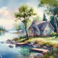 House On The River Building Watercolor Concept Painting