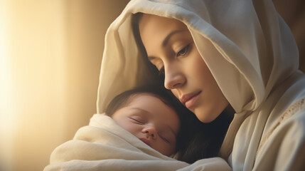 Canvas Print - Portrait of Mary with baby Jesus in her arms. Nativity of Jesus. Christmas concept.