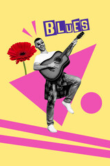 Sticker - Vertical collage image of excited black white effect guy play guitar sing blues fresh flower isolated on drawing beige background