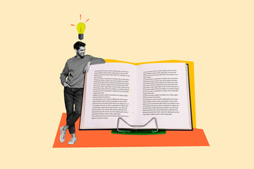 Poster - Creative collage picture of mini black white colors guy light bulb above head big opened book holder isolated on beige background