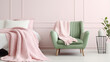 White pillow on pink armchair in cozy bedroom interior with blanket on green mattress. generative ai