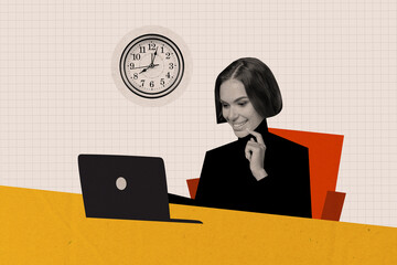 Fototapete - Exclusive magazine picture sketch collage image of happy smiling lady starting new work day modern device isolated creative background