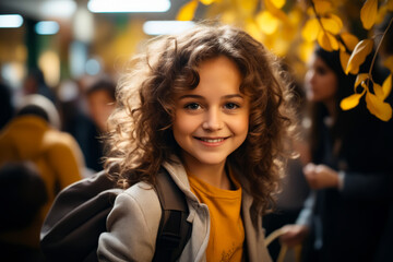 Wall Mural - Young girl with curly hair smiles at the camera while sitting in chair.