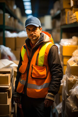 Sticker - Man in warehouse wearing safety vest and hat.