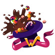 Purple hat with candy. The world of Willy Wonka hat with fictional sweets. The chocolate factory. Willy Wonka. Chocolate and various candies fly out of the hat, with a ribbon and the letter W on white