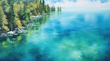 Wall Mural - sky blue lake tree landscape illustration forest summer, background beautiful, clouds day sky blue lake tree landscape