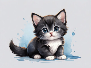 Cute black kitten full body facing forward light blue and gray background soft watercolor painting and drawing