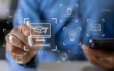 Wall Mural - human with technology internet learning and study online class webinar technology, e-learning, onlin