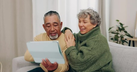 Canvas Print - Tablet, happy and search with old couple on sofa for communication, streaming and relax. Social media, smile and retirement with senior man and woman in living room at home for technology and love