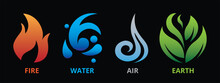 The Four Elements Icons Symbols. Vector Illustrator Logo Template. Wind, Fire, Water, Earth In Flat Design