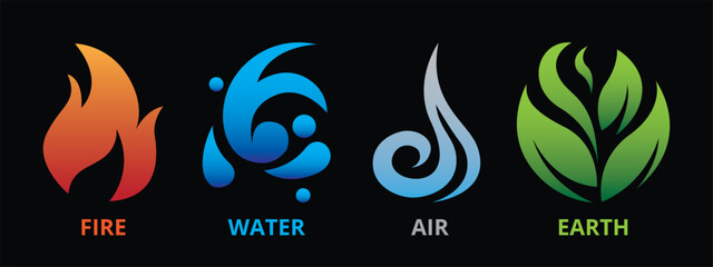 the four elements icons symbols. vector illustrator logo template. wind, fire, water, earth in flat 