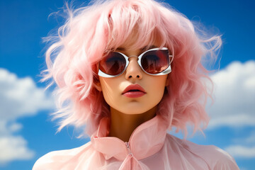 Poster - Woman with pink hair and sunglasses on her face.