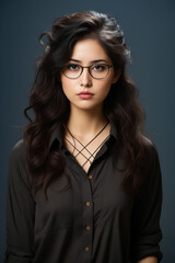 Poster - Woman wearing glasses and black shirt with flower in her hair.