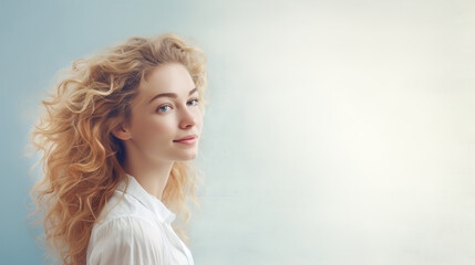 Tender carefree young Caucasian blonde woman on a blue banner with copy space