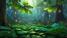 Magical Forest Scene With Large Glowing Water Drops On Bright Green Leaves. Fireflies And Gentle Sunlight Filter Through The Trees To Enhance The Enchanting Atmosphere.