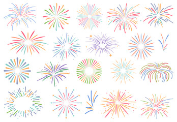 Poster - Festival fireworks, New Year and Christmas greeting and invitation postcard design. Firecrackers sparkles for birthday anniversary celebration, festive colorful crackers, entertainment salutes