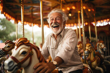 Senior Man Riding Carousel At Amuzement Park