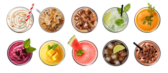 cool drinks set ; smoothie, juice, sparkling water with fresh and beautiful fruits decorated glass top view on white background.