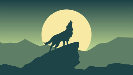 Wall Mural - Wildlife wolf landscape vector illustration. Silhouette of wolf howling at night illustration. Wildlife landscape for background, wallpaper or landing page