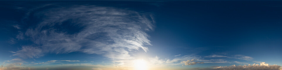Wall Mural - 360 vr 2:1 equirectangular sunset blue sky with clouds background overlay. ideal for 360 vr sky repl