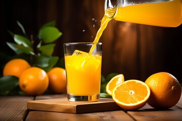 Poster - Generative AI : Orange juice being poured into glass on wooden table_