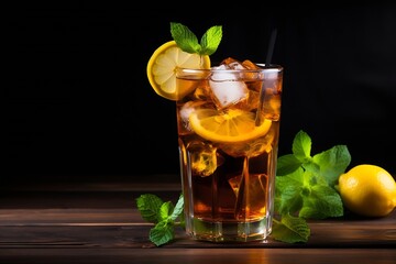 Poster - Generative AI : Iced tea with lemon and mint on a dark wooden background