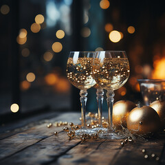 Glasses with sparkling wine on the background of delicate bright gold bokeh