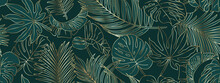 Gorgeous Gold And Green Background Nature Vector Vector. Floral Pattern, Palm Tree Plant With Golden, Banana Leaves With Linear Monstera Plant Bushes, Vector Illustration.