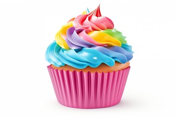 Poster - Generative AI : Rainbow cupcake isolated on transparent or white background.
