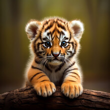 Cute Baby Tiger.  Generated Image.  A Digital Rendering Of A Cute Baby Tiger In The Wild.