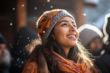 Wall Mural - A Indian woman breathes calmly looking up enjoying winter season