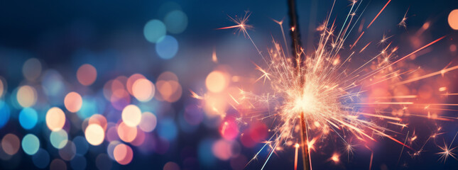 Sylvester New Year, New Year's Eve 2024 party event celebration holiday greeting card - Closeup of sparkling sparklers and bokeh lights in the background