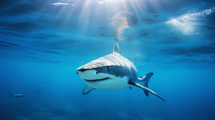 Wall Mural - Shark swimming under sun rays in the blue ocean waters. Generative AI