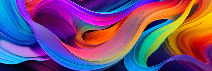 Wall Mural - 3d abstract wallpaper. Liquid metal rainbow waves banner. Three dimensional rainbow colored swirls background