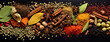 Collection of different aromatic spices and nuts, panoramic view, view from above. Generative AI